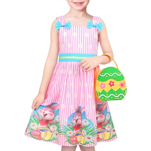 Sunny Fashion Mädchen Kleid 2 Stück Bag Rosa Ostern Hase Eiersuche Tank Gurt Krawatte Gr. 122,Rosa gestreiftes Set,122 von Sunny Fashion