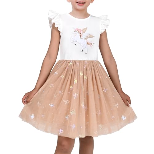 Sunny Fashion Mädchen Kleid Baumwolle Funkeln Einhorn Fee Rüschenärmel Tüll Prinzessin Geburtstag Trägerkleid Gr. 104,Beiges Einhorn,104 von Sunny Fashion