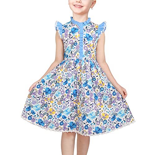 Sunny Fashion Mädchen Kleid Blau Blumen- Jahrgang Rüschenhalsband Flutter Fackel Ärmel Gr. 122 von Sunny Fashion