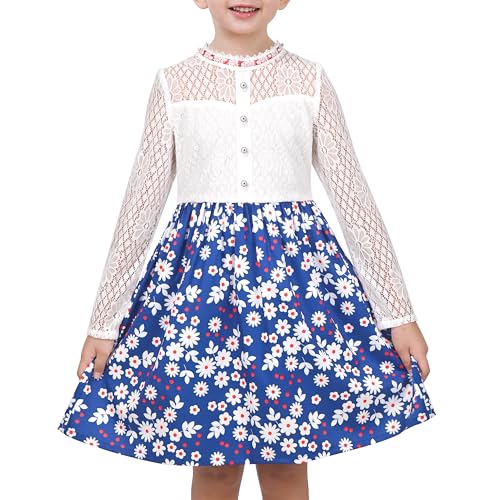 Sunny Fashion Mädchen Kleid Blau Blumen- Spitze Perle Prinzessin Langarm Elegant Festzug Gr. 146,Blaue Blume,146 von Sunny Fashion