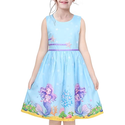 Sunny Fashion Mädchen Kleid Blau Meer Meerjungfrau Seestern Karikatur Sommer Beiläufig Ärmellos Gr. 110,Himmelblaue Meerjungfrau,110 von Sunny Fashion