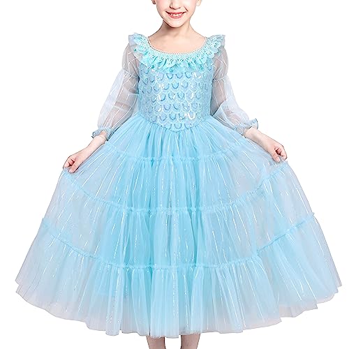 Sunny Fashion Mädchen Kleid Blau Meerjungfrau Prinzessin Party Tüll Transparentes Mesh Sleeves Gr. 116,Blaue Meerjungfrau,116 von Sunny Fashion