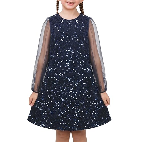 Sunny Fashion Mädchen Kleid Blau Pailletten Schier Masche Langarm Prinzessin Party Ballkleid Gr. 110,Blauer Stern,110 von Sunny Fashion