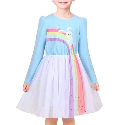 Sunny Fashion Mädchen Kleid Blau Regenbogen Pailletten Stern Ostern Kaninchen Hase Eiersuche Gr. 116,Regenbogen-Himmelblau,116 von Sunny Fashion