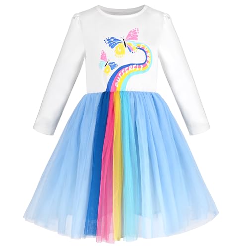 Sunny Fashion Mädchen Kleid Blau Regenbogen Schmetterling Gefaltet Tüll Beiläufig Langarm Gr. 104,Regenbogenschmetterling,104 von Sunny Fashion