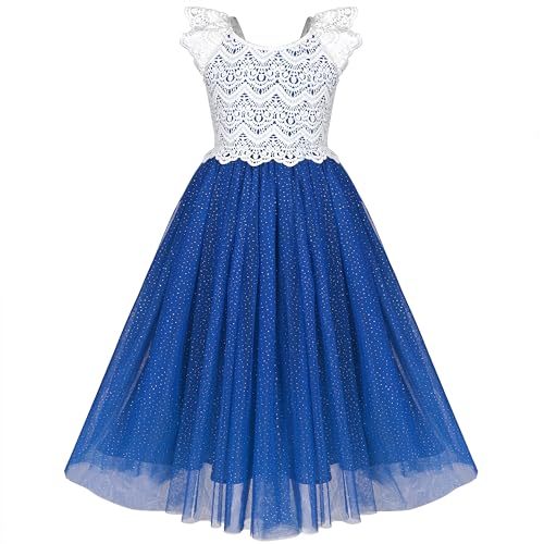 Sunny Fashion Mädchen Kleid Blau Spitze Tupfen V Zurück Prinzessin Party Ballkleid Formal Gr. 104,Blaue Spitze,104 von Sunny Fashion