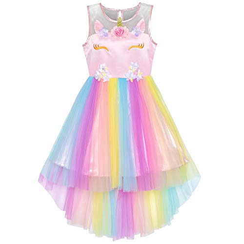 Sunny Fashion Mädchen Kleid Blume Einhorn Regenbogen Festzug Prinzessin Party Gr. 116 von Sunny Fashion