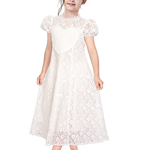 Sunny Fashion Mädchen Kleid Blumen- Weiß Spitze Perle Herz Maxi Prinzessin Kurzarm Gr. 146 von Sunny Fashion