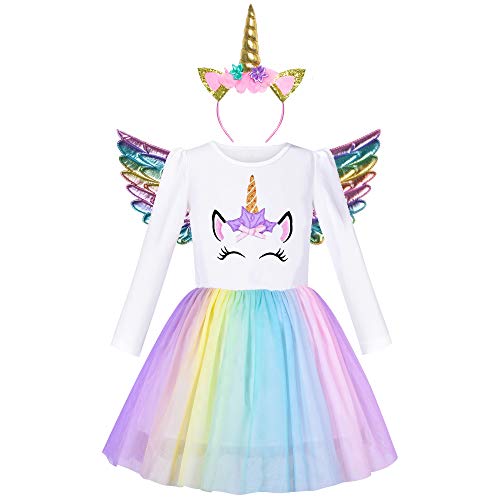 Sunny Fashion Mädchen Kleid Weihnachtsmann Hut Langarm Party Kleid Größe 110, Regenbogen-Einhorn von Sunny Fashion