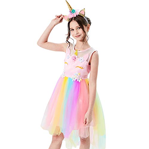 Sunny Fashion Mädchen Kleid Einhorn Regenbogen Tüll Einhorn Stirnband Party Gr. 134 von Sunny Fashion