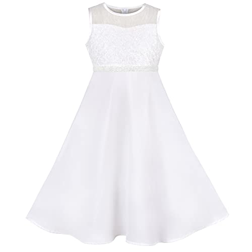 Sunny Fashion Mädchen Kleid Formal Weiß Chiffon Spitze Pailletten Taufe Hochzeit Brautjungfer Kommunionkleid Gr. 110 von Sunny Fashion