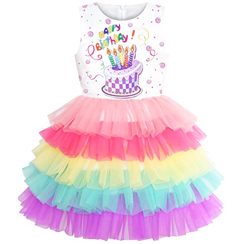 Sunny Fashion Mädchen Kleid Geburtstag Prinzessin Regenbogen Kuchen Ballon Gr. 110 von Sunny Fashion