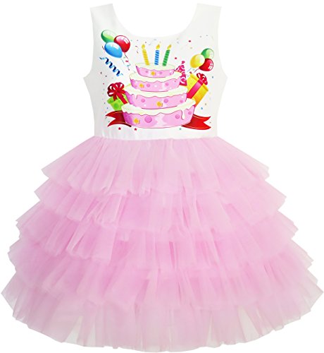 Sunny Fashion Mädchen Kleid Geburtstag Prinzessin Rüsche Kleid Kuchen Ballon Drucken Gr. 134 von Sunny Fashion