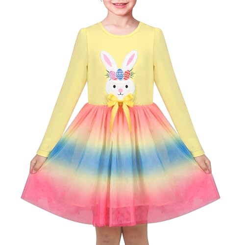 Sunny Fashion Mädchen Kleid Gelb Ostern Hase Ei Regenbogen Tie-Dye Party Langarm Gr. 116,Gelbes Häschen,116 von Sunny Fashion