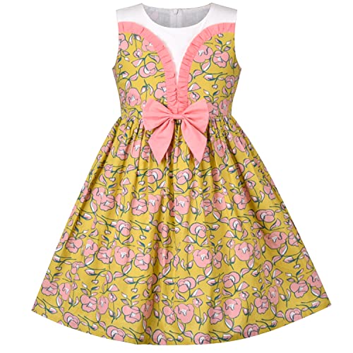 Sunny Fashion Mädchen Kleid Gelb Rosa Blumen- Rüsche Krawatte Süss Baumwolle Ärmellos Gr. 110 von Sunny Fashion