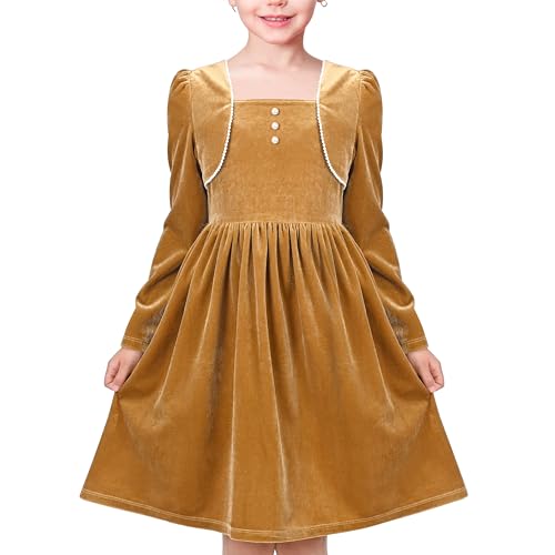 Sunny Fashion Mädchen Kleid Gelb Samt Weihnachten Perle Langarm Urlaub Winter Gr. 110,Gelber Samt,110 von Sunny Fashion