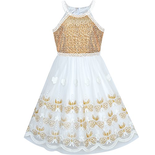 Sunny Fashion Mädchen Kleid Gold Schmetterling Gestickt Halfter Kleid Party Gr. 104 von Sunny Fashion