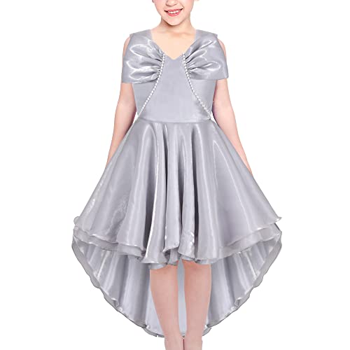 Sunny Fashion Mädchen Kleid Grau Hi-Lo Perle Organza Bogen Brautjungfer Festzug Hochzeit Gr. 146,Silber grau,146 von Sunny Fashion