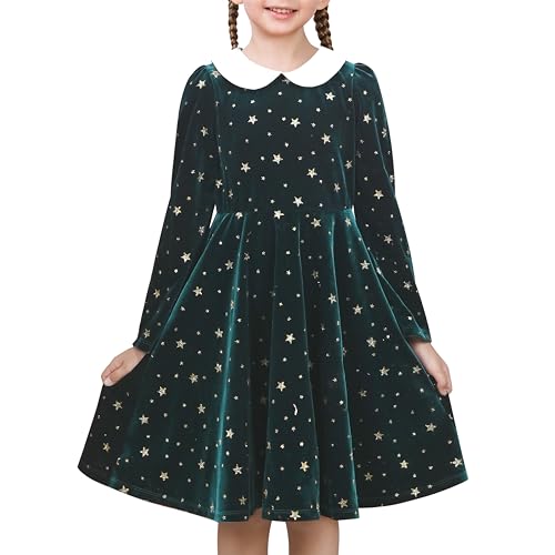 Sunny Fashion Mädchen Kleid Grün Funkeln Goldener Stern White Collar Beiläufig Warm Winter Gr. 134,Grün,134 von Sunny Fashion