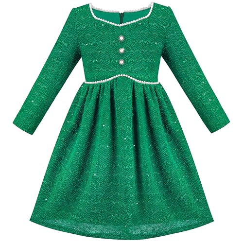 Sunny Fashion Mädchen Kleid Grün Tweed Weihnachten Perle Pailletten Wellig Langarm Party Gr. 122,Grüner Tweed,122 von Sunny Fashion