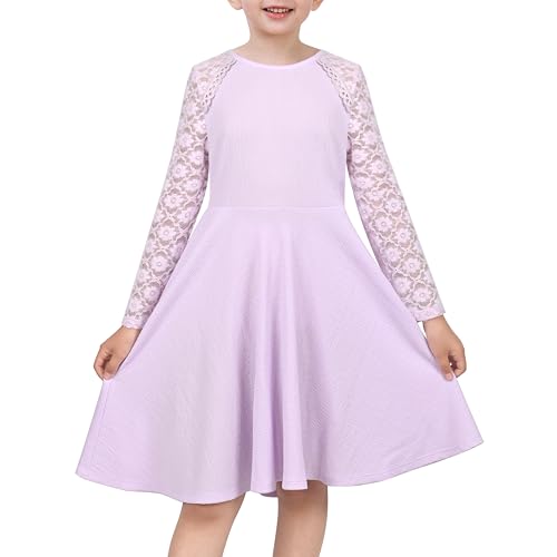 Sunny Fashion Mädchen Kleid Lavender Spitze Ärmel Schlüsselloch Rundhalsausschnitt Elegant Party Kirche Leistung Gr. 122,Lila Spitze,122 von Sunny Fashion