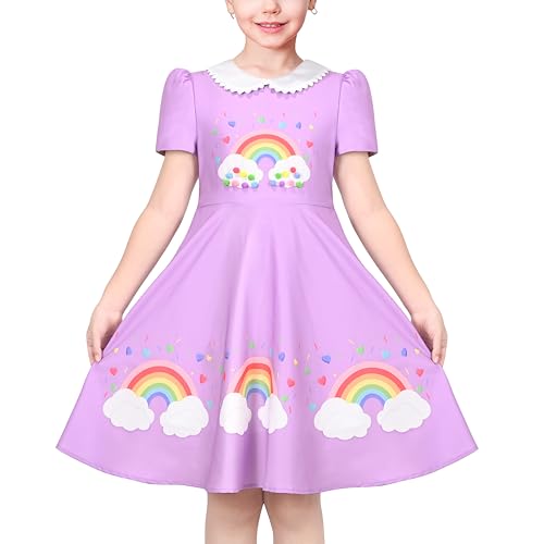 Sunny Fashion Mädchen Kleid Lila Regenbogen White Collar Kurzarm Beiläufig Geburtstag Gr. 134,Lila Regenbogen,134 von Sunny Fashion