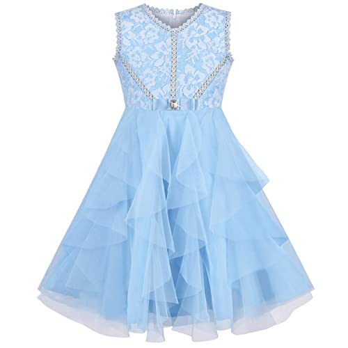 Sunny Fashion Mädchen Kleid Mädchen Kleid Blau Blumen- Rüsche Spitze Hochzeit Prinzessin Party Festzug Elegant Gr. 122 von Sunny Fashion