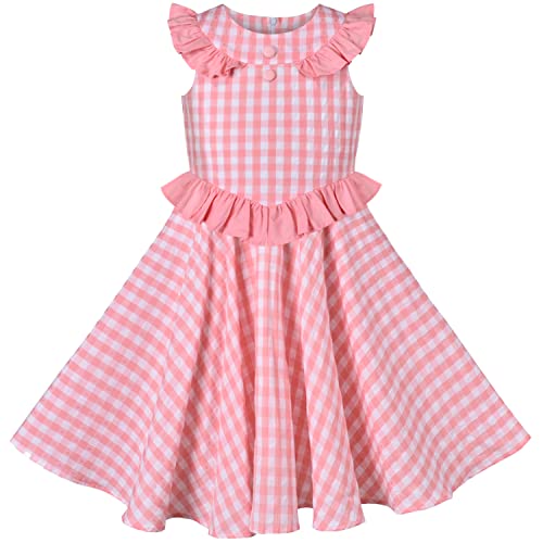 Sunny Fashion Mädchen Kleid Mädchen Kleid Rüsche Rosa Plaid Kariert Taste Ärmellos O-Ausschnitt Gr. 104 von Sunny Fashion