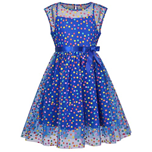 Sunny Fashion Mädchen Kleid Multicolor Regenbogen Klassiker Tupfen Blau Tüll Party Kleid Gr. 122,Blau,122 von Sunny Fashion