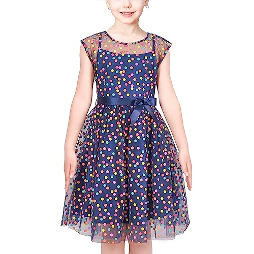 Sunny Fashion Mädchen Kleid Multicolor Regenbogen Tupfen Jahrgang Blau Tüll Party Kleid Gr. 134,Blauer Punkt,134 von Sunny Fashion