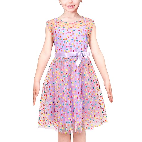 Sunny Fashion Mädchen Kleid Multicolor Regenbogen Tupfen Retro Lila Tüll Party Kleid Gr. 116,Lila Punkt,116 von Sunny Fashion