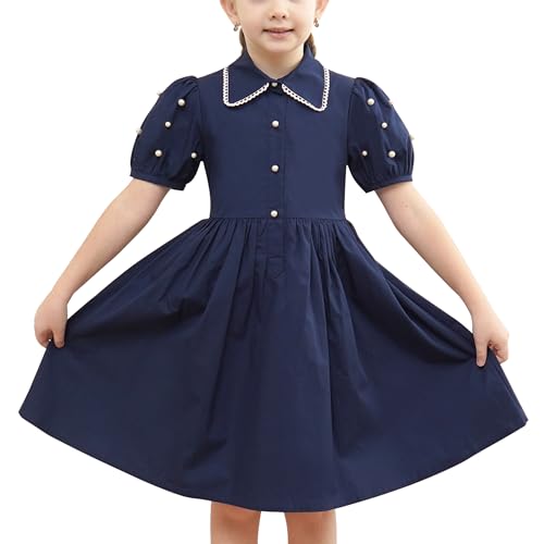 Sunny Fashion Mädchen Kleid Navy blau Schuluniform Knopf vorne Perle Kurzarm Gr. 116 von Sunny Fashion