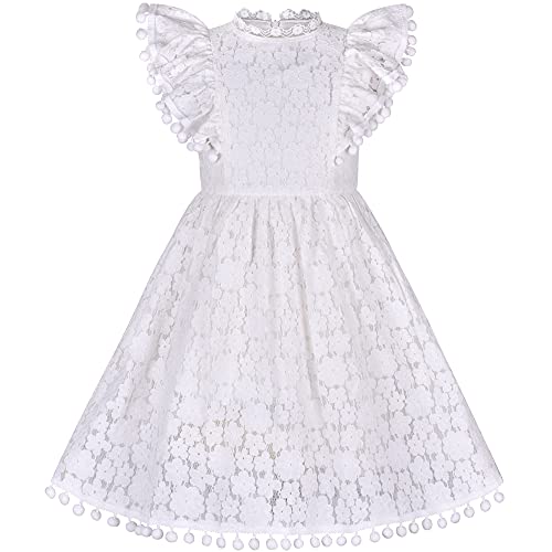 Sunny Fashion Mädchen Kleid Nicht-gerade Weiss Spitze Stehkragen Rüsche Fackel Ärmel Bommel Gr. 104 von Sunny Fashion