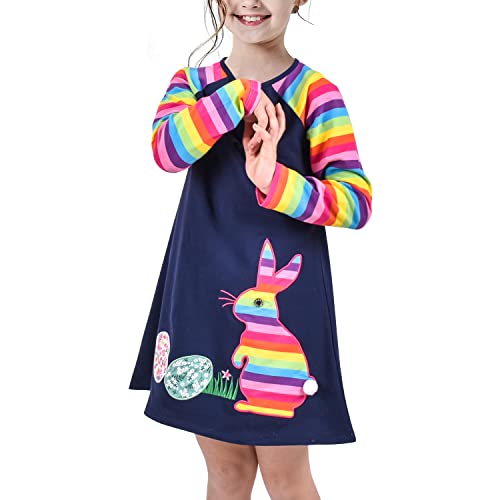 Sunny Fashion Mädchen Kleid Ostern Blumen- Eiersuche Applikationen Regenbogenfarbe Kaninchen Langarm Gr. 122 von Sunny Fashion