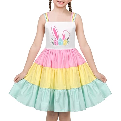 Sunny Fashion Mädchen Kleid Ostern Hase Ei Regenbogen Straps Ärmellos Frühling Sommer Gr. 98,Regenbogenhase,98 von Sunny Fashion