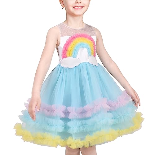 Sunny Fashion Mädchen Kleid Regenbogen Flauschige Layered Sommer Prinzessin Geburtstagsfeier Tutu Gr. 116,Blauer Regenbogen,116 von Sunny Fashion