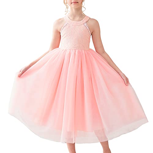 Sunny Fashion Mädchen Kleid Rosa Blume Spitze Halfter Prinzessin Hochzeit Brautjungfer Tüll Gr. 116 von Sunny Fashion