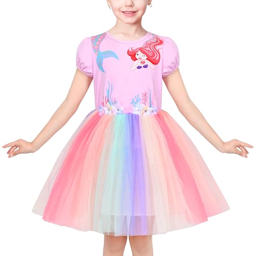 Sunny Fashion Mädchen Kleid Rosa Regenbogen Meerjungfrau Prinzessin Puff Ärmel Tüll Beiläufig Gr. 122,Rosa Meerjungfrau,122 von Sunny Fashion