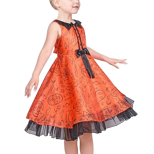 Sunny Fashion Mädchen Kleid Halloween Schläger Kragen Orange Geist Schwarz Rüsche Spinne Ärmellos Gr. 110 von Sunny Fashion