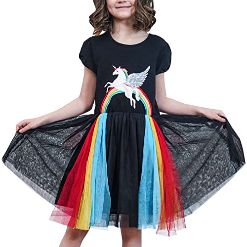 Sunny Fashion Mädchen Kleid Schwarz Regenbogen Stickerei Einhorn Baumwolle Tüll Tutu Geburtstag Gr. 110 von Sunny Fashion