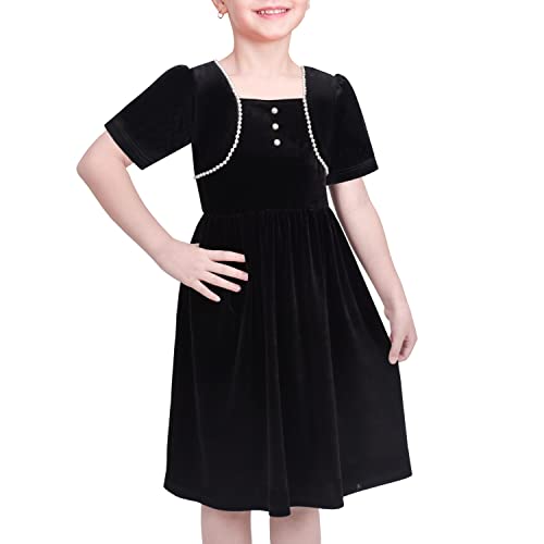 Sunny Fashion Mädchen Kleid Schwarz Samt Kurzarm Perle Jahrgang Party Beiläufig Urlaub Gr. 122,Schwarzer Samt,122 von Sunny Fashion