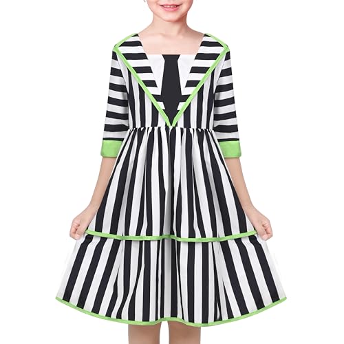Sunny Fashion Mädchen Kleid Schwarz Weiß Gestreift gotisch 1950er Jahre Retro Tiered Halloween Gr. 134,Schwarz,134 von Sunny Fashion