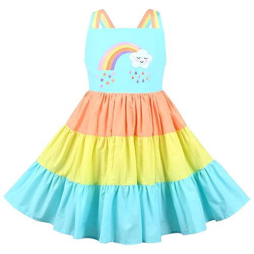 Sunny Fashion Mädchen Kleid Stern Regenbogen Gedruckt Gestreift Straps Ärmellos Sommer Gr. 98,Blauer Regenbogen,98 von Sunny Fashion