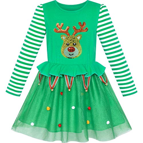 Sunny Fashion Mädchen Kleid Weihnachten Rentier Klingglöckchen Party Urlaub Kleid Gr. 110 von Sunny Fashion