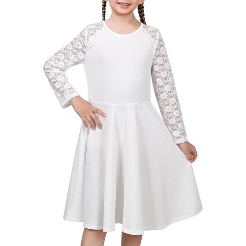 Sunny Fashion Mädchen Kleid Weiß Blumen- Höhle Stricken Stoff Formal Abend Langarm Gr. 122,Weißer Spitze,122 von Sunny Fashion
