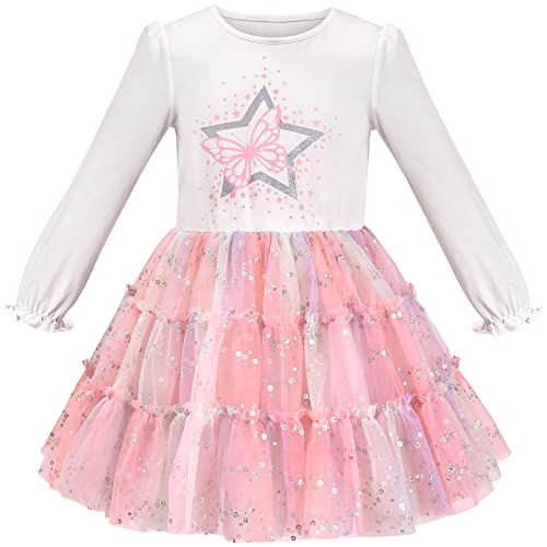 Sunny Fashion Mädchen Kleid Weiß Funkeln Stern Schmetterling Multicolor Pailletten Langarm Größe 110, Rosa Stern von Sunny Fashion