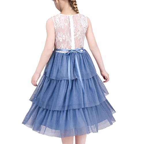 Sunny Fashion Mädchen Kleid Weiß Spitze Blau Layered Rüsche Hochzeit Geburtstag Hohle zurück Gr. 116,Blau,116 von Sunny Fashion