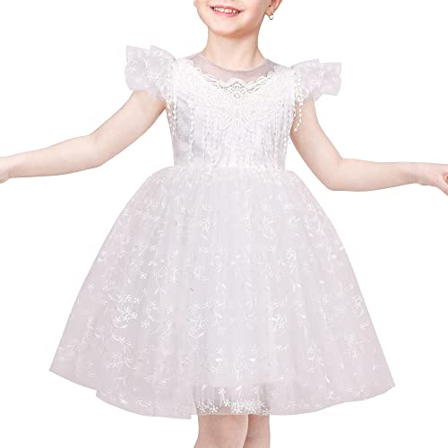 Sunny Fashion Mädchen Kleid Weiß Spitze Blumen- Quaste Prinzessin Hochzeit Brautjungfer Festzug Gr. 122 von Sunny Fashion