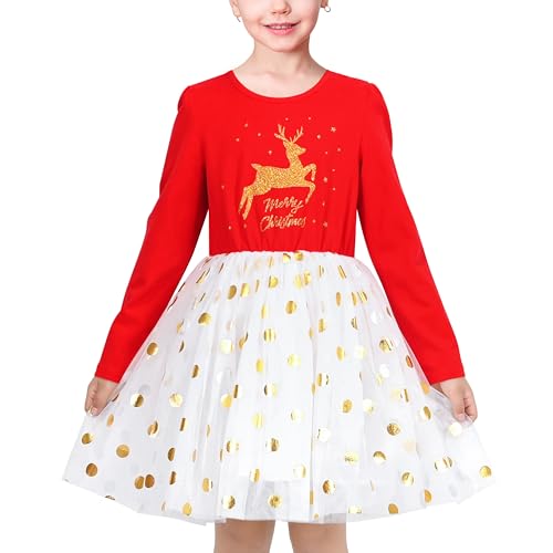 Sunny Fashion Mädchen Kleid rot Frohe Weihnachten Golden Tupfen Rentier Neujahr Party Gr. 122,Rotes Rentier,122 von Sunny Fashion