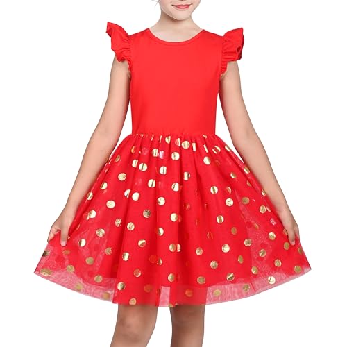 Sunny Fashion Mädchen Kleid rot Gold Tupfen Tüll Rüschenärmel Urlaub Weihnachten Festzug Gr. 104,Roter Punkt,104 von Sunny Fashion